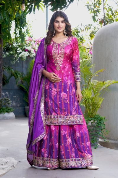 Charismatic Purple Wedding Wear Purple Chinon Printed Embroidered Suit with Designer Dupatta Designer Plazzo Salwar Suits Wholesale