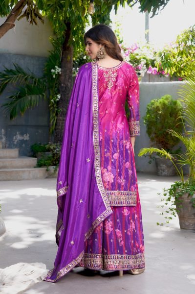 Charismatic Purple Wedding Wear Purple Chinon Printed Embroidered Suit with Designer Dupatta Designer Plazzo Salwar Suits Wholesale