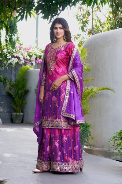 Charismatic Purple Wedding Wear Purple Chinon Printed Embroidered Suit with Designer Dupatta Designer Plazzo Salwar Suits Wholesale