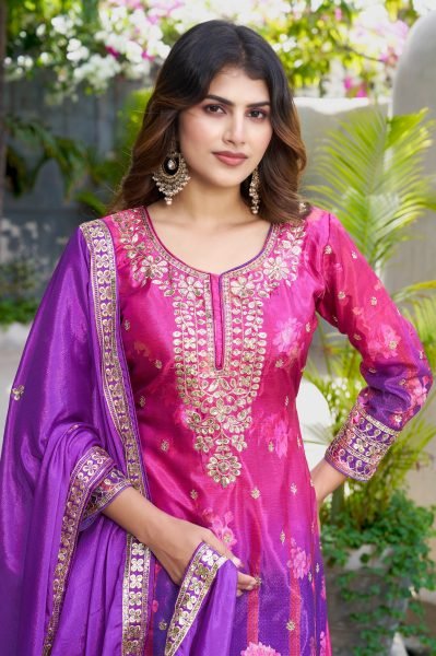 Charismatic Purple Wedding Wear Purple Chinon Printed Embroidered Suit with Designer Dupatta Designer Plazzo Salwar Suits Wholesale