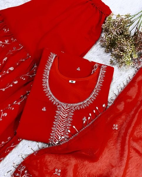 Charismatic Red Comfortable Gharara Set with Rich Embroidery Work Ready To Wear Collection