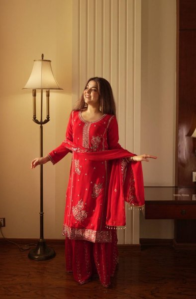 Charismatic Red Comfortable Gharara Set with Rich Embroidery Work Ready To Wear Collection