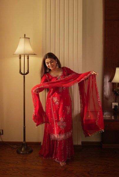 Charismatic Red Comfortable Gharara Set with Rich Embroidery Work Ready To Wear Collection