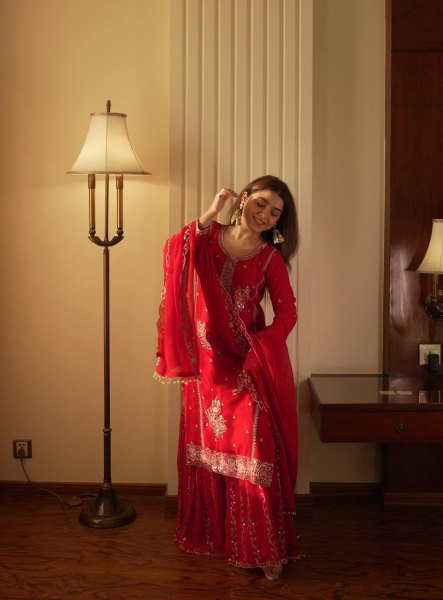 Charismatic Red Comfortable Gharara Set with Rich Embroidery Work Ready To Wear Collection