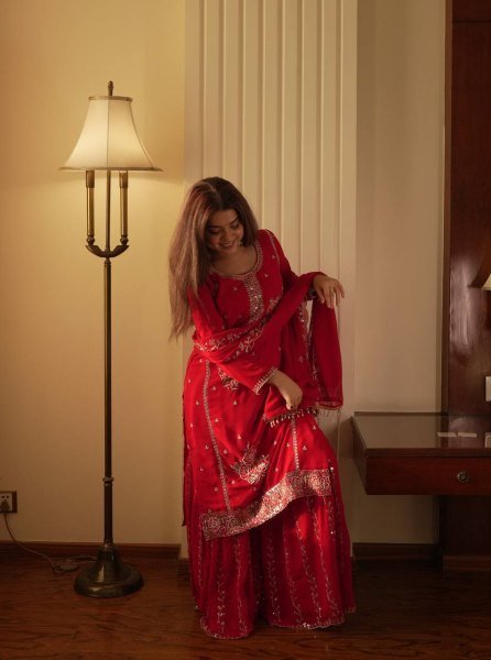 Charismatic Red Comfortable Gharara Set with Rich Embroidery Work Ready To Wear Collection