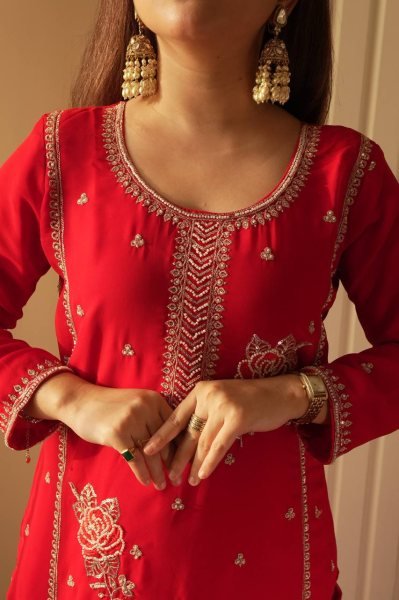 Charismatic Red Comfortable Gharara Set with Rich Embroidery Work Ready To Wear Collection