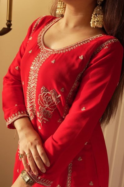 Charismatic Red Comfortable Gharara Set with Rich Embroidery Work Ready To Wear Collection