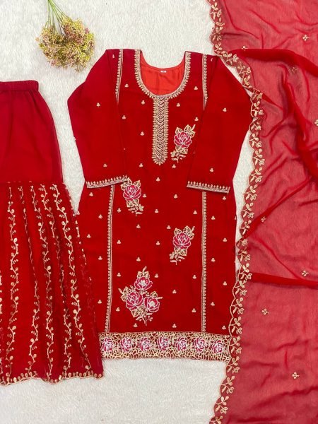 Charismatic Red Comfortable Gharara Set with Rich Embroidery Work Ready To Wear Collection