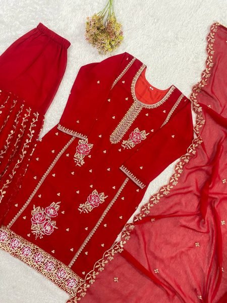 Charismatic Red Comfortable Gharara Set with Rich Embroidery Work Ready To Wear Collection