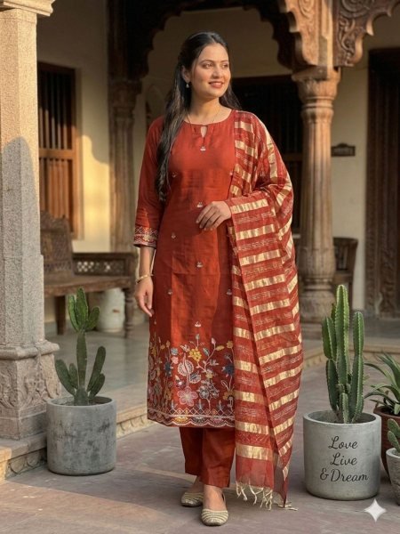 Charismatic Red Ethnic Suit with Zari Work and Tissue Dupatta for Women