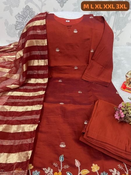 Charismatic Red Ethnic Suit with Zari Work and Tissue Dupatta for Women Embroidery Kurtis 