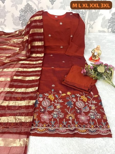 Charismatic Red Ethnic Suit with Zari Work and Tissue Dupatta for Women Embroidery Kurtis 