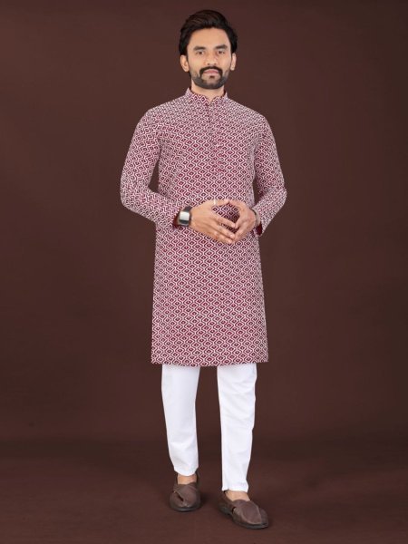 Charismatic Red Lucknowi Chikankari Kurta for Men Premium Cotton Wear Mens Wear