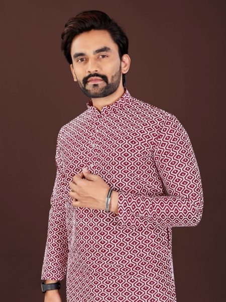 Charismatic Red Lucknowi Chikankari Kurta for Men Premium Cotton Wear Kurta Pajama Wholesale