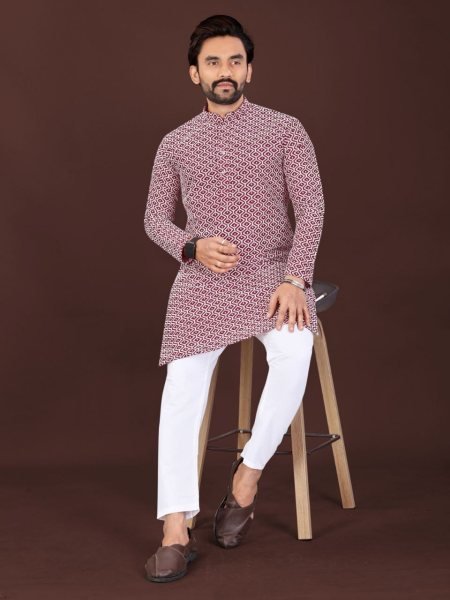 Charismatic Red Lucknowi Chikankari Kurta for Men Premium Cotton Wear Kurta Pajama Wholesale