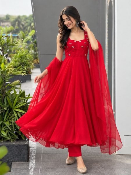 Charismatic Red Modern Corset Pattern Faux Georgette Anarkali for Women Ready To Wear Collection
