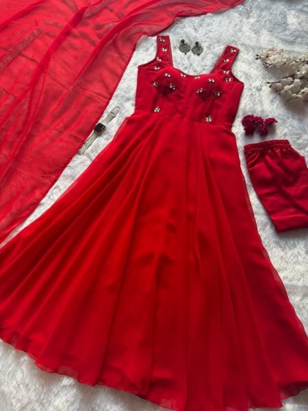 Charismatic Red Modern Corset Pattern Faux Georgette Anarkali for Women Ready To Wear Collection