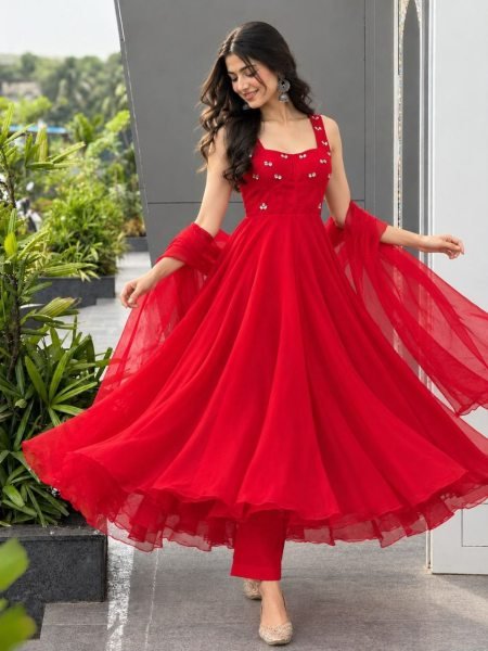 Charismatic Red Modern Corset Pattern Faux Georgette Anarkali for Women Ready To Wear Collection