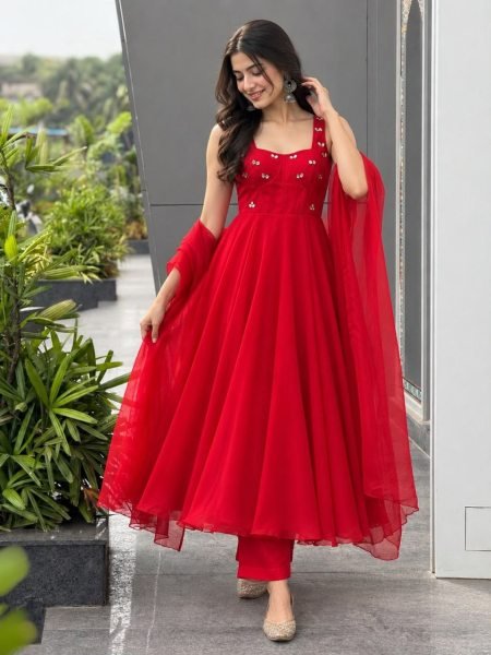 Charismatic Red Modern Corset Pattern Faux Georgette Anarkali for Women Ready To Wear Collection