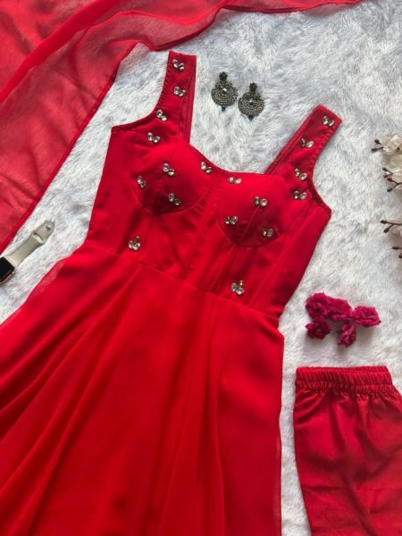 Charismatic Red Modern Corset Pattern Faux Georgette Anarkali for Women Ready To Wear Collection