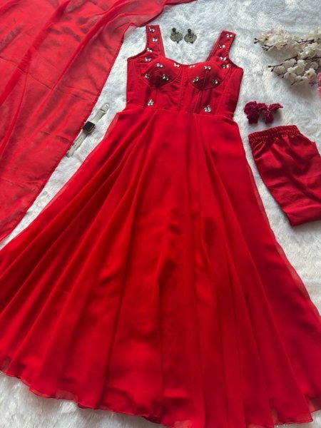 Charismatic Red Modern Corset Pattern Faux Georgette Anarkali for Women Ready To Wear Collection