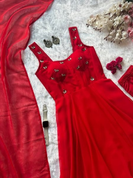 Charismatic Red Modern Corset Pattern Faux Georgette Anarkali for Women Ready To Wear Collection