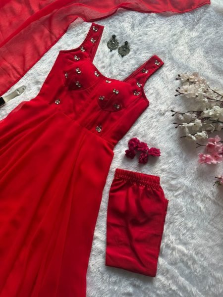 Charismatic Red Modern Corset Pattern Faux Georgette Anarkali for Women Ready To Wear Collection
