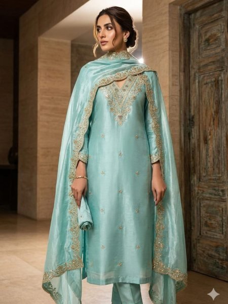 Charismatic Sky Blue Antique Bronze Silk Kurta Set with Zari and Sequin Embroidery Dress Material 