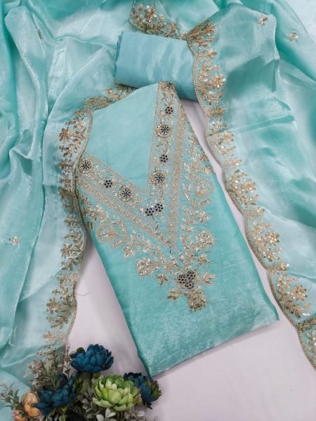 Charismatic Sky Blue Antique Bronze Silk Kurta Set with Zari and Sequin Embroidery Punjabi Dress Materials Wholesale