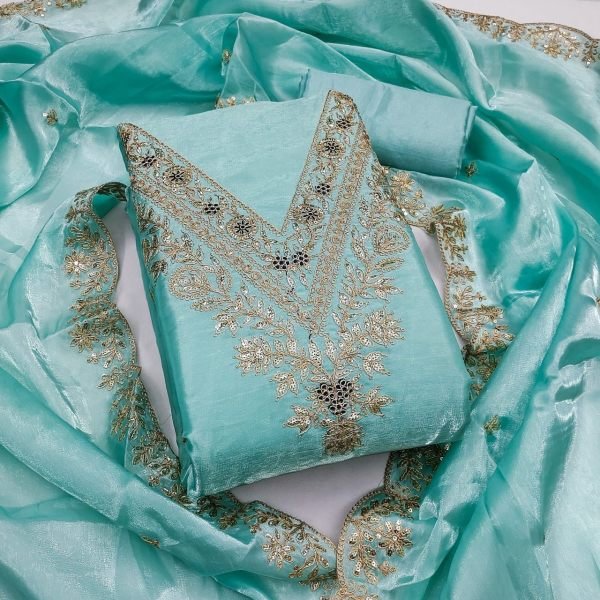 Charismatic Sky Blue Antique Bronze Silk Kurta Set with Zari and Sequin Embroidery Punjabi Dress Materials Wholesale