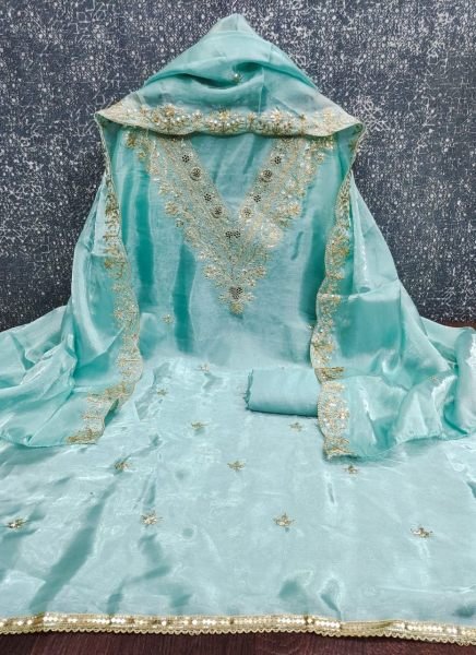 Charismatic Sky Blue Antique Bronze Silk Kurta Set with Zari and Sequin Embroidery Punjabi Dress Materials Wholesale