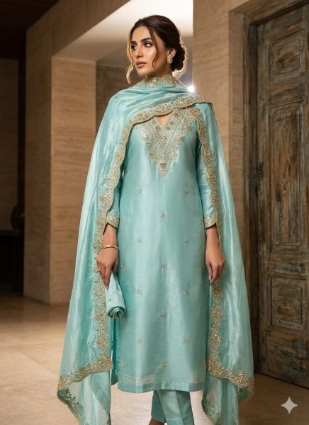 Charismatic Sky Blue Antique Bronze Silk Kurta Set with Zari and Sequin Embroidery Punjabi Dress Materials Wholesale