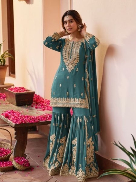 Charismatic Teal Green Chinon Sharara Set with Hand Work for Wedding Wear Women Salwar Kameez