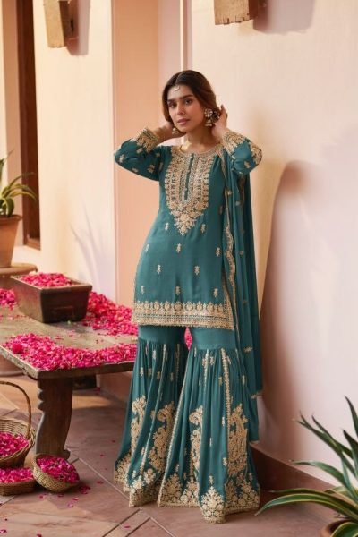 Charismatic Teal Green Chinon Sharara Set with Hand Work for Wedding Wear Women Designer Plazzo Salwar Suits Wholesale