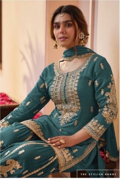Charismatic Teal Green Chinon Sharara Set with Hand Work for Wedding Wear Women Designer Plazzo Salwar Suits Wholesale