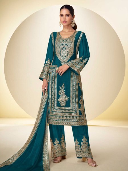 Charismatic Teal Green Party Wear Real Chinon Palazzo Set with Handwork Detailing 