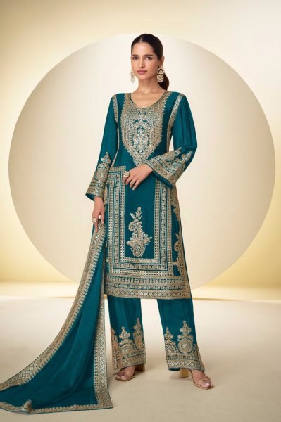 Charismatic Teal Green Party Wear Real Chinon Palazzo Set with Handwork Detailing Designer Plazzo Salwar Suits Wholesale