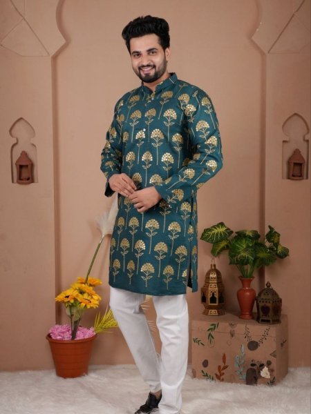 Charismatic Teal Green Traditional Mens Kurta with Embroidery Work for Ethnic Collection 
