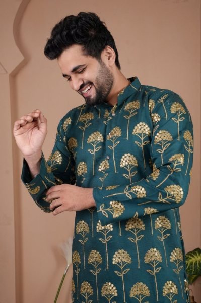 Charismatic Teal Green Traditional Mens Kurta with Embroidery Work for Ethnic Collection Kurta Pajama Wholesale