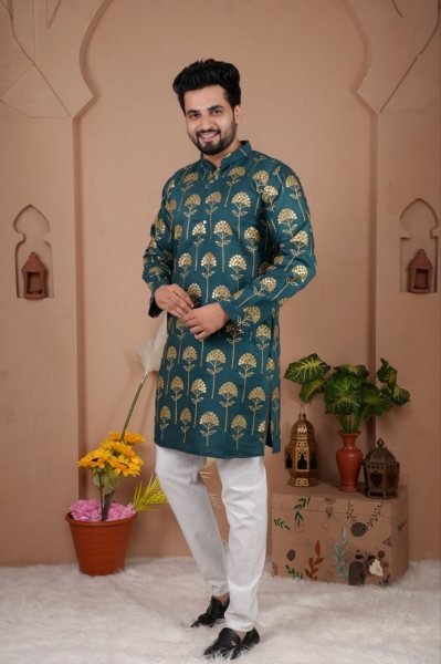 Charismatic Teal Green Traditional Mens Kurta with Embroidery Work for Ethnic Collection Kurta Pajama Wholesale