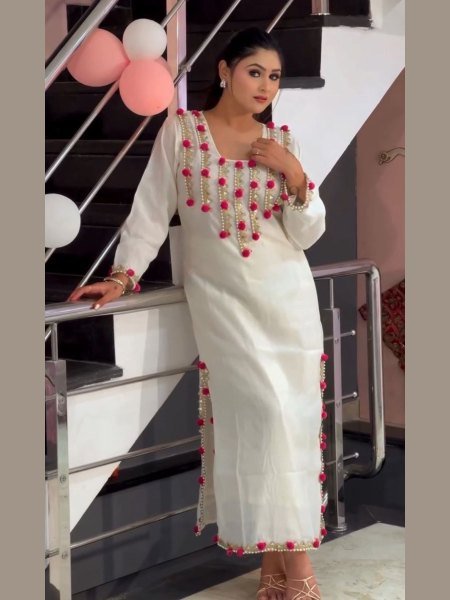 Charismatic White Heavy Chanderi Suit Set With Mirror And Lace Work  Kurti With Bottom Wholesale