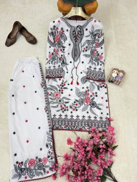 Charismatic White Kurti Palazzo Set with Thread Embroidery and Latkan Neck CO ORD Sets