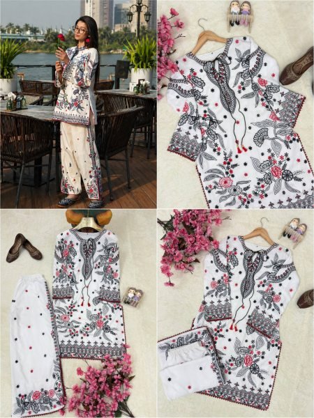 Charismatic White Kurti Palazzo Set with Thread Embroidery and Latkan Neck CO ORD Sets