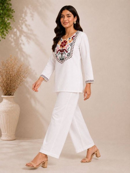 Charismatic White Rayon Slub Top Pant Set with Embroidery Work at Wholesale Rate CO ORD Sets