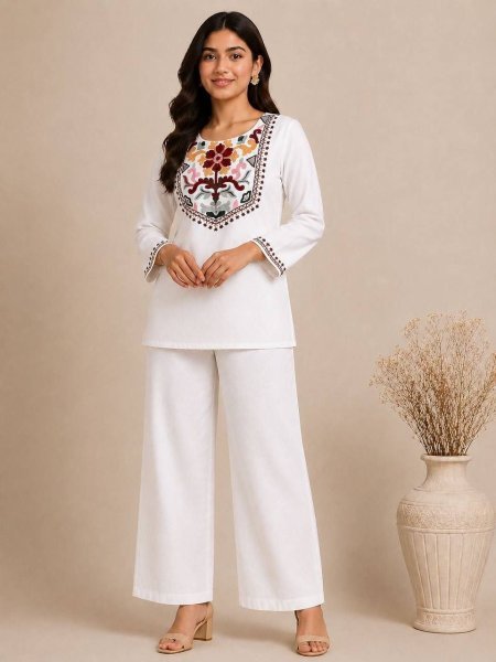 Charismatic White Rayon Slub Top Pant Set with Embroidery Work at Wholesale Rate CO ORD Sets