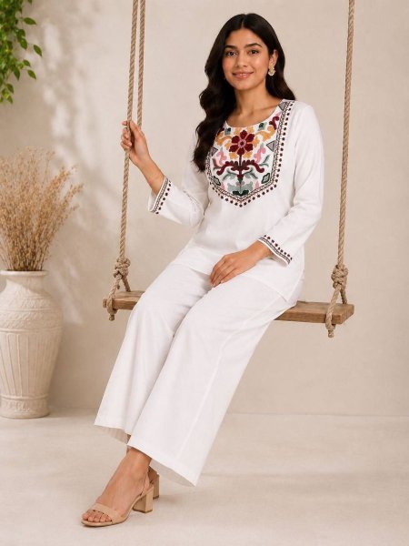Charismatic White Rayon Slub Top Pant Set with Embroidery Work at Wholesale Rate CO ORD Sets