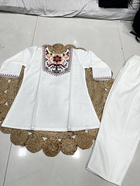 Charismatic White Rayon Slub Top Pant Set with Embroidery Work at Wholesale Rate CO ORD Sets