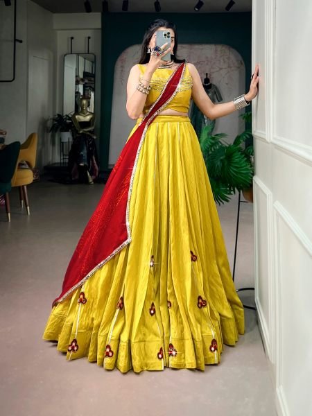 Charismatic Yellow Chanderi Lehenga with Mirror Gamthi Patches and Gotta Patti Lace  Lehenga