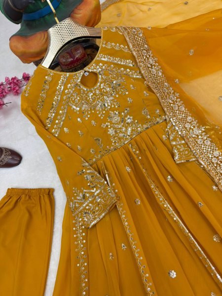Charismatic Yellow Georgette Anarkali Set With Zari Work And Fancy Lace In Dupatta Ready To Wear Collection