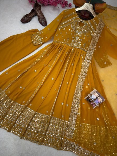 Charismatic Yellow Georgette Anarkali Set With Zari Work And Fancy Lace In Dupatta Ready To Wear Collection